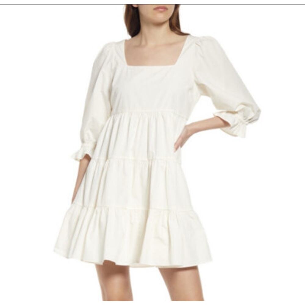 Madewell NWT Lizzie Poplin Off White Puff Sleeve Dress Sz 12 Tiered Mini - Picture 2 of 7